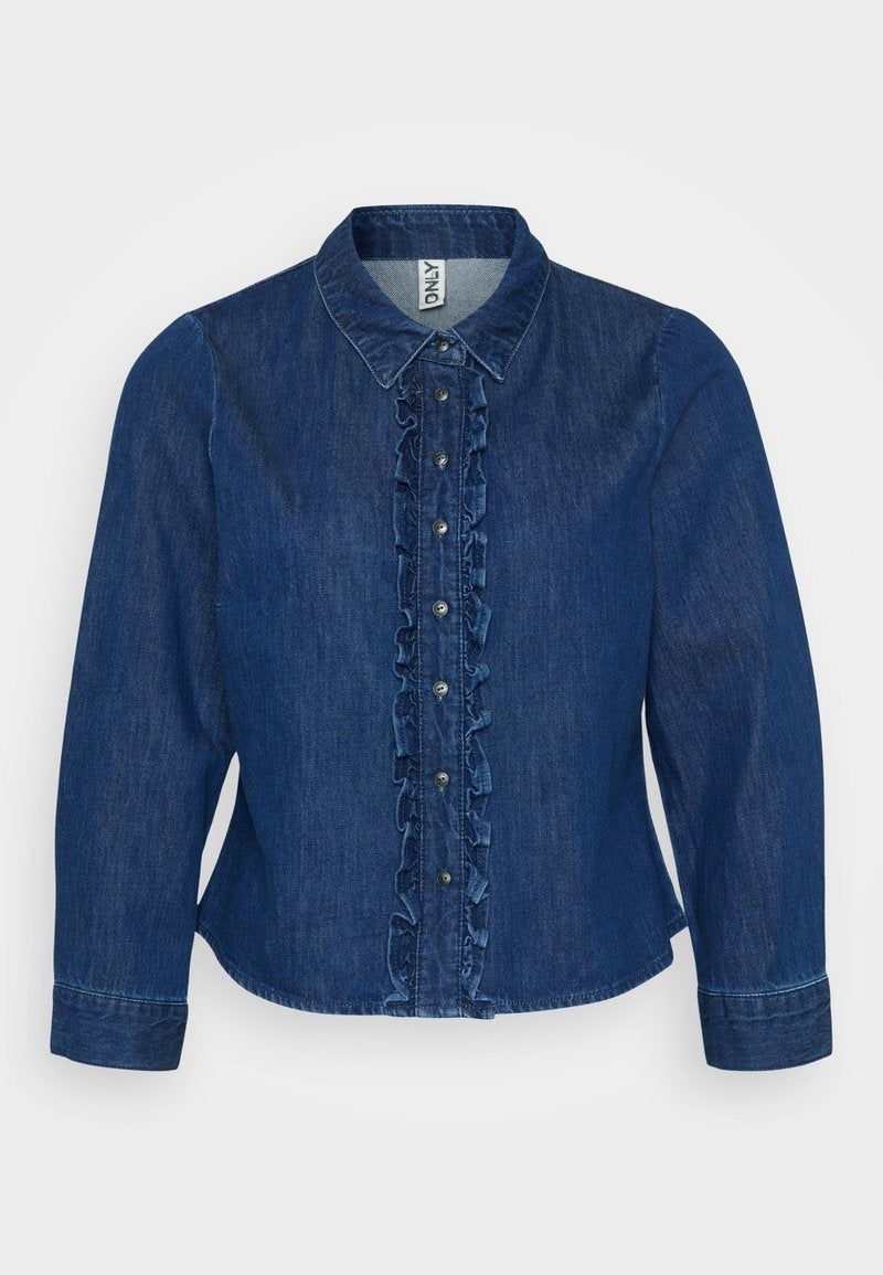 Dunkelblaues Denim-Hemd mit Knopfleiste, gekräuseltem Vorderteil, Kragen und langen Ärmeln. Das Design umfasst silberne Knöpfe und eine taillierte Passform.