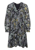 Blumenkleid mit V-Ausschnitt, langen Ärmeln, Motiven in Schwarz, Grün und Gelb, mit gerafftem Taillenbereich und knielanger Saumlinie. Weicher, strukturierten Stoff.