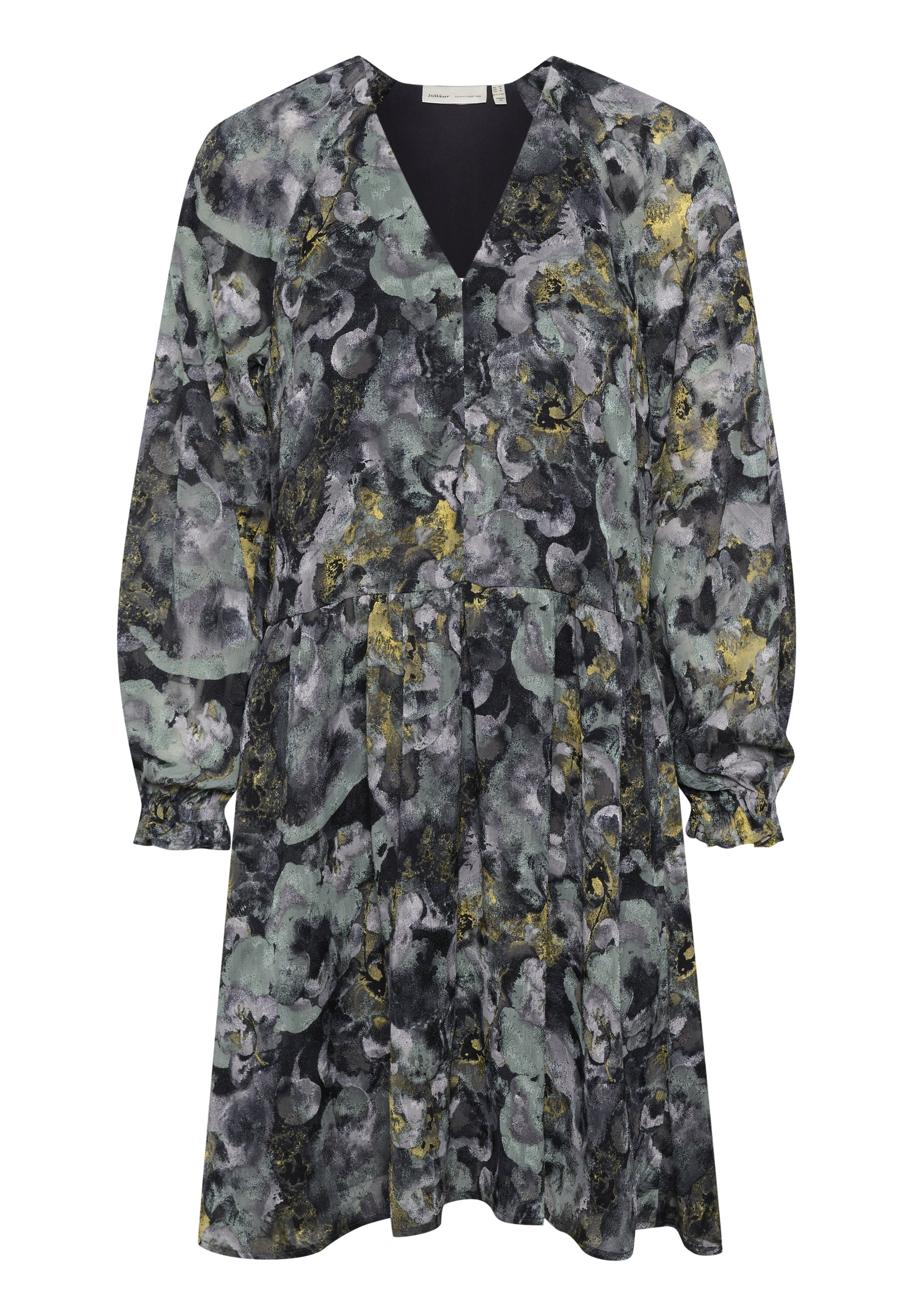 Blumenkleid mit V-Ausschnitt, langen Ärmeln, Motiven in Schwarz, Grün und Gelb, mit gerafftem Taillenbereich und knielanger Saumlinie. Weicher, strukturierten Stoff.