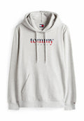 Grauer Hoodie mit verstellbarem Kordelzug, Fronttasche und "tommy JEANS"-Logo. Weicher Stoff, lässiges Design und gerippte Bündchen.
