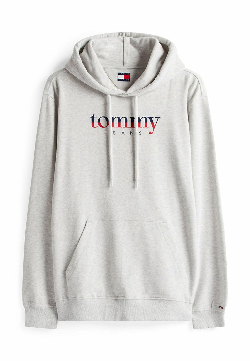 Grauer Hoodie mit verstellbarem Kordelzug, Fronttasche und "tommy JEANS"-Logo. Weicher Stoff, lässiges Design und gerippte Bündchen.