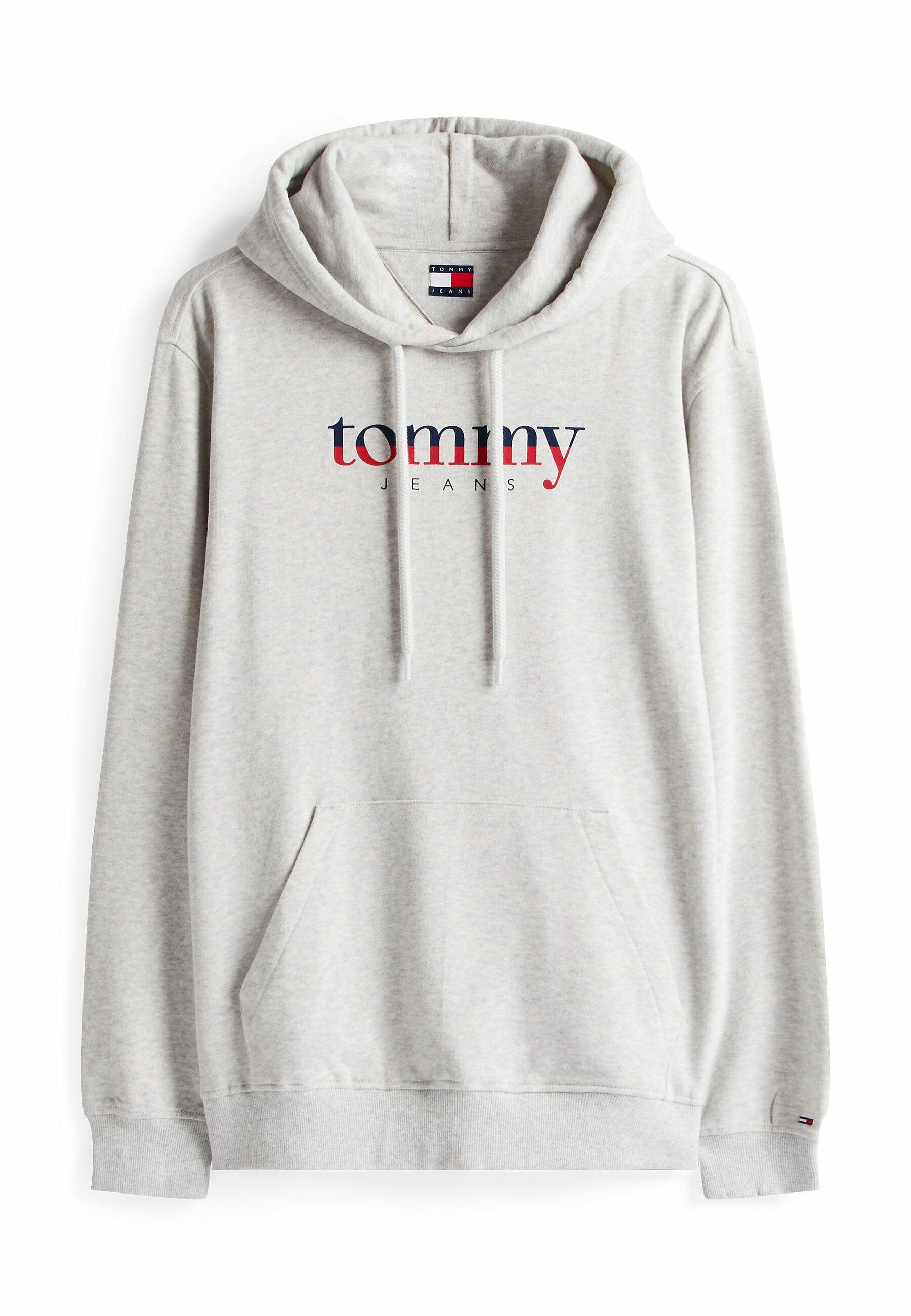 Grauer Hoodie mit verstellbarem Kordelzug, Fronttasche und "tommy JEANS"-Logo. Weicher Stoff, lässiges Design und gerippte Bündchen.