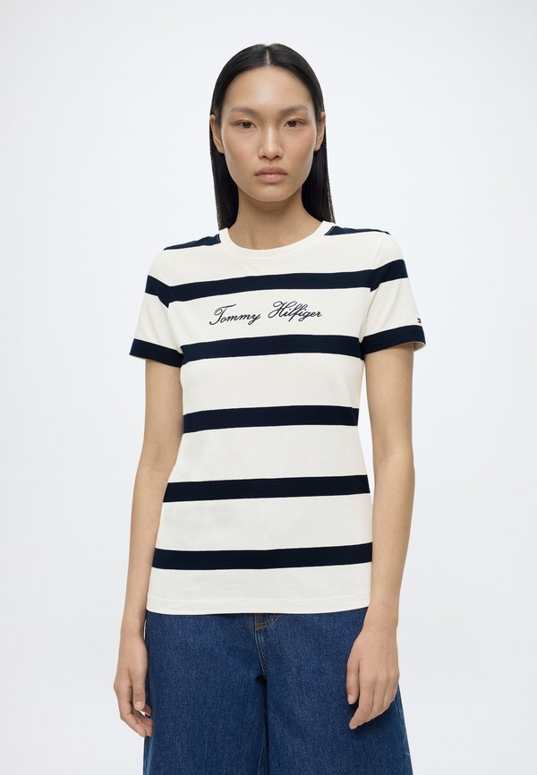 Tommy Hilfiger SCRIPT  - Print T-shirt - wide stp ivory silk / dark night new size