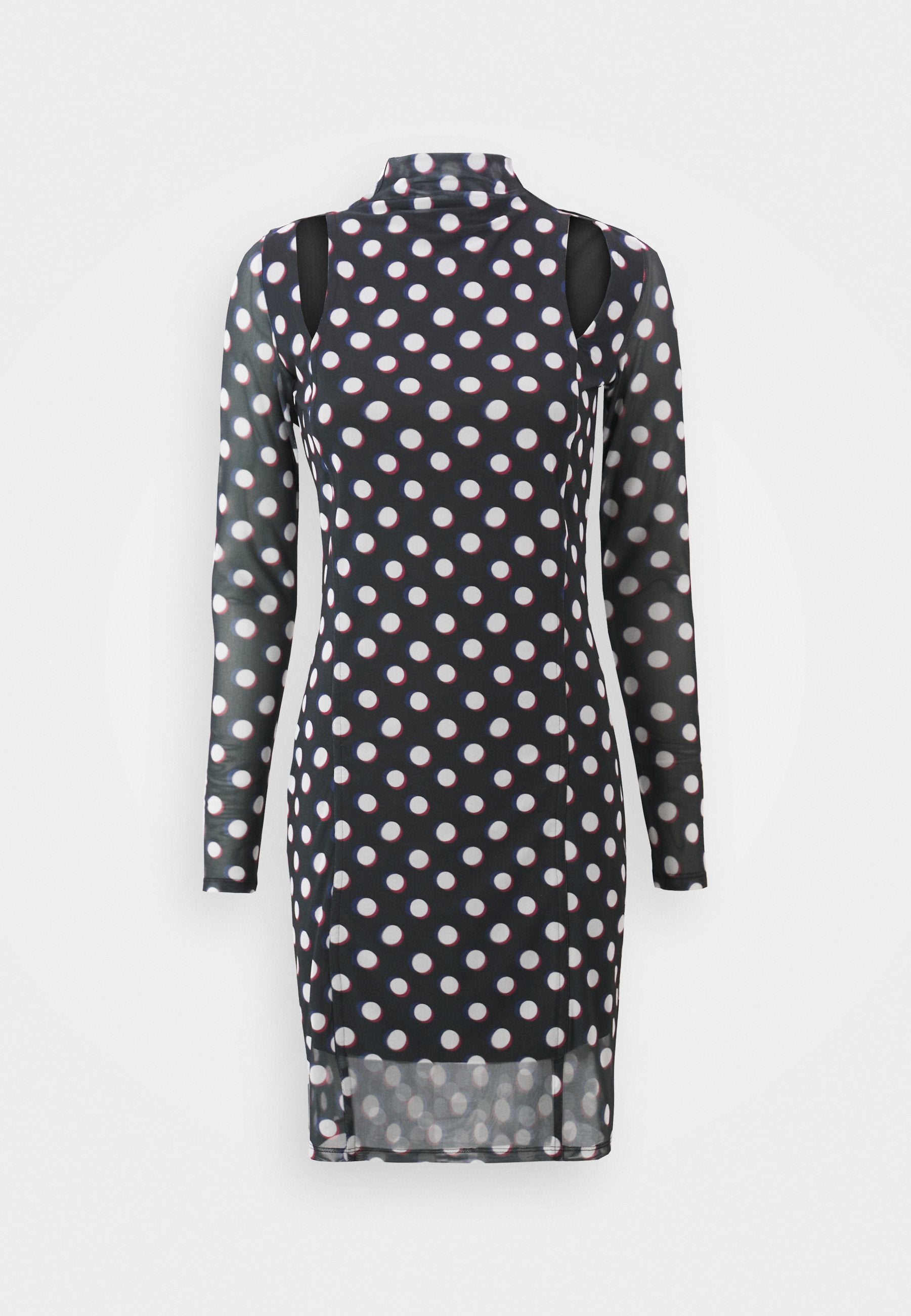 Langärmliges schwarzes Kleid mit weißen und roten Polka-Dots, hohem Kragen, ausgeschnittenen Schultern und einem leicht durchsichtigen Material.