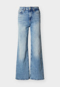 Hellblaue, hoch taillierte Jeans mit weitem Bein, ausgewaschenen Details, Vorderknopf und Fünf-Taschen-Design.