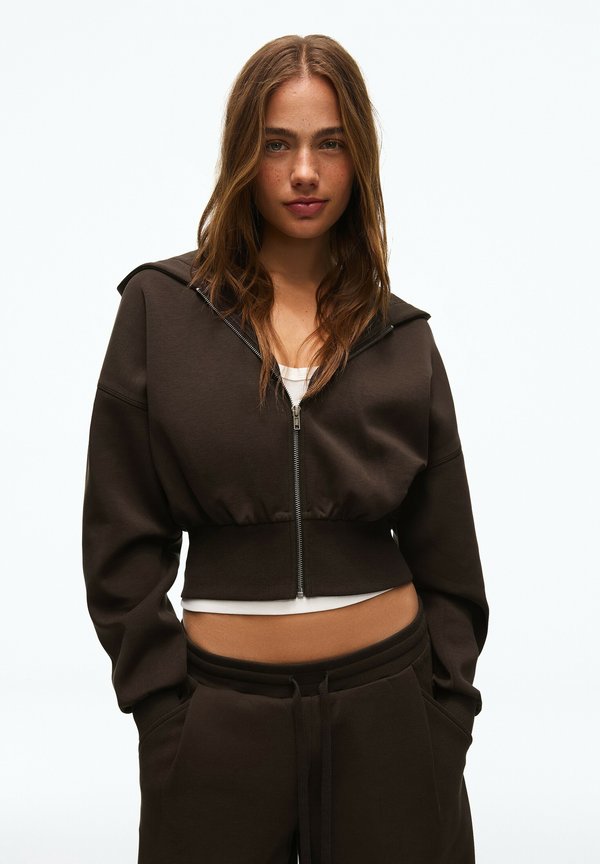 Bershka ZIP-UP WITH WAISTBAND - HOODIE - Zip-up sweatshirt - dark brown