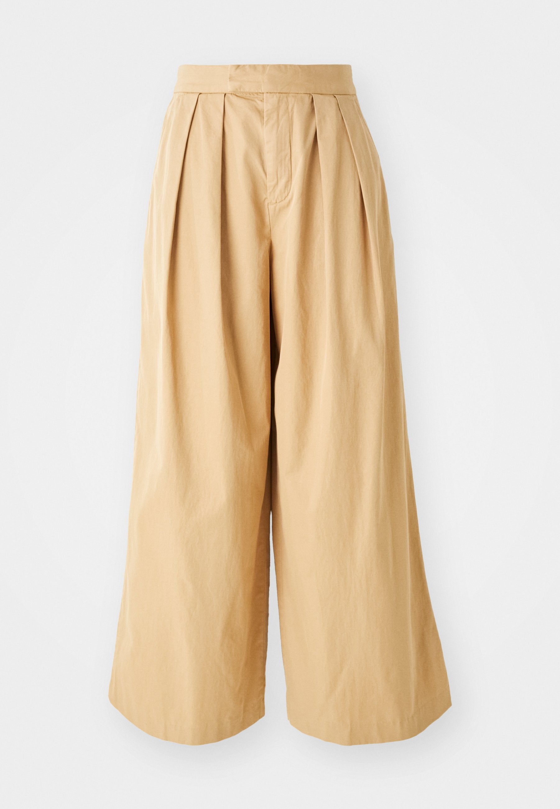 Beige weit geschnittene Hosen mit hohem Taillenbund, ausgestattet mit Vorderfalten und einem glatten, strukturierten Baumwollstoff.