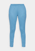 Hellblaue, dehnbare Sporthose mit einem elastischen Bund und einem kleinen, kontrastierenden Nike-Logo am linken Oberschenkel.