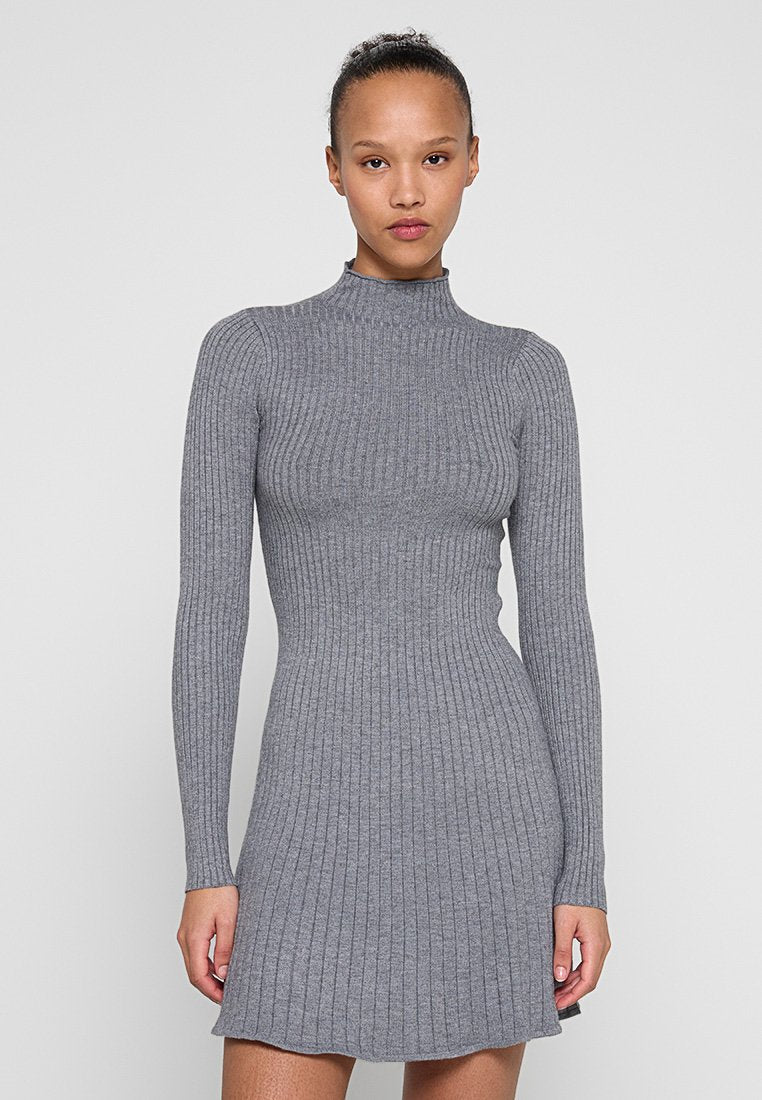 Graues, geripptes Strickkleid mit hohem Kragen, langen Ärmeln und figurbetonter Silhouette, das am Saum leicht ausgestellt ist.