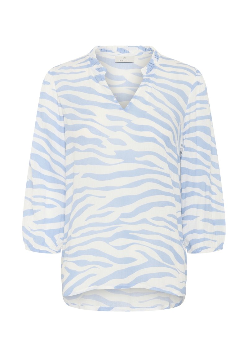 Leichte Bluse mit V-Ausschnitt, blau-weißen Zebra-Streifen, Puffärmeln und einem etwas längeren Rückensaum. Texturiert.