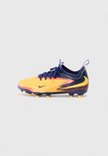 Nike Fußballschuh mit einem leuchtend gelben Obermaterial und strukturiertem Design, marineblauen Akzenten und fünf gelben Stollen an der Außensohle.