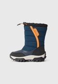 Kinderschneestiefel aus wasserdichtem Material mit marineblauem, gestepptem Obermaterial, schwarzem Sohlen und orangefarbener Akzent-Gurt mit Zugkordel oben.