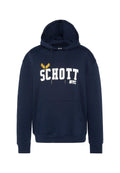 Navyblaue Kapuzenjacke aus Baumwolle mit einer Fronttasche, versehen mit weißem "SCHOTT NYC" Text und gelbem Adler-Graphic.