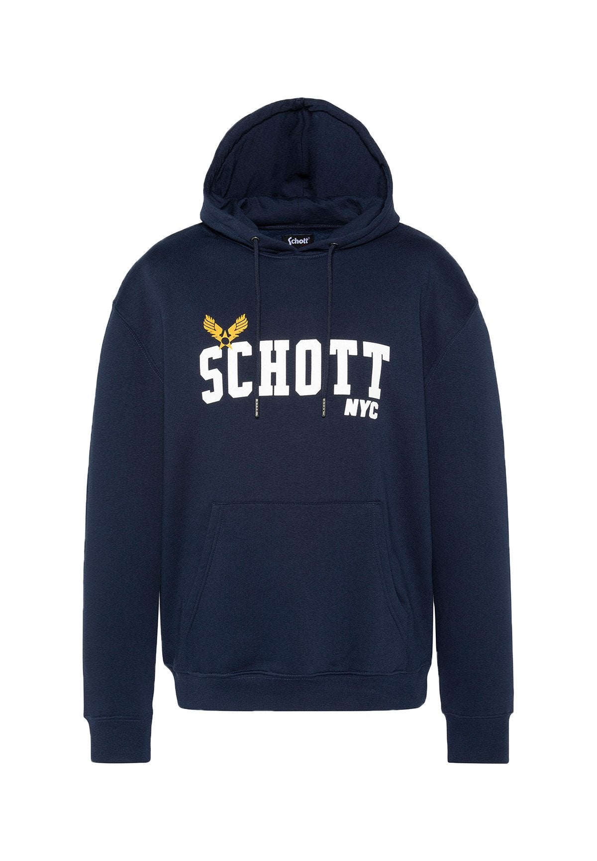 Navyblaue Kapuzenjacke aus Baumwolle mit einer Fronttasche, versehen mit weißem "SCHOTT NYC" Text und gelbem Adler-Graphic.