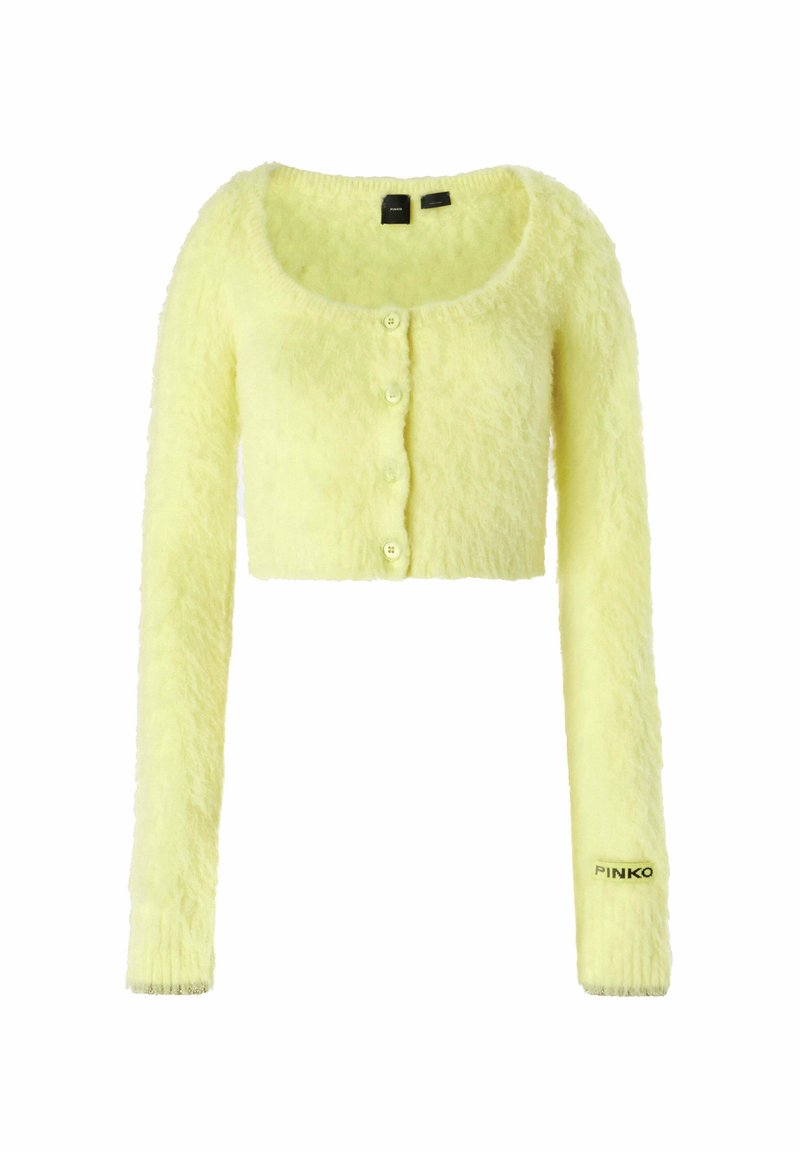 Gekürzter Cardigan aus weichem, flauschigem gelbem Stoff. Mit langen Ärmeln, rundem Halsausschnitt und fünf Knöpfen zum Verschließen. Markenlogo am Ärmel.
