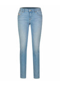 Hellblaue enge Jeans aus Denim mit schmalem Schnitt, Fünf-Taschen-Design und dezentem Ausbleichen. Sie verfügen über einen Knopf- und Reißverschluss.