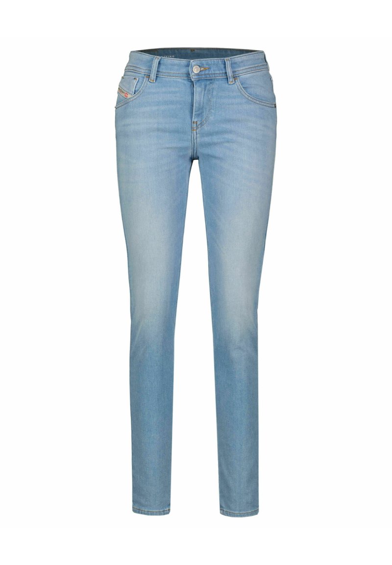 Hellblaue enge Jeans aus Denim mit schmalem Schnitt, Fünf-Taschen-Design und dezentem Ausbleichen. Sie verfügen über einen Knopf- und Reißverschluss.