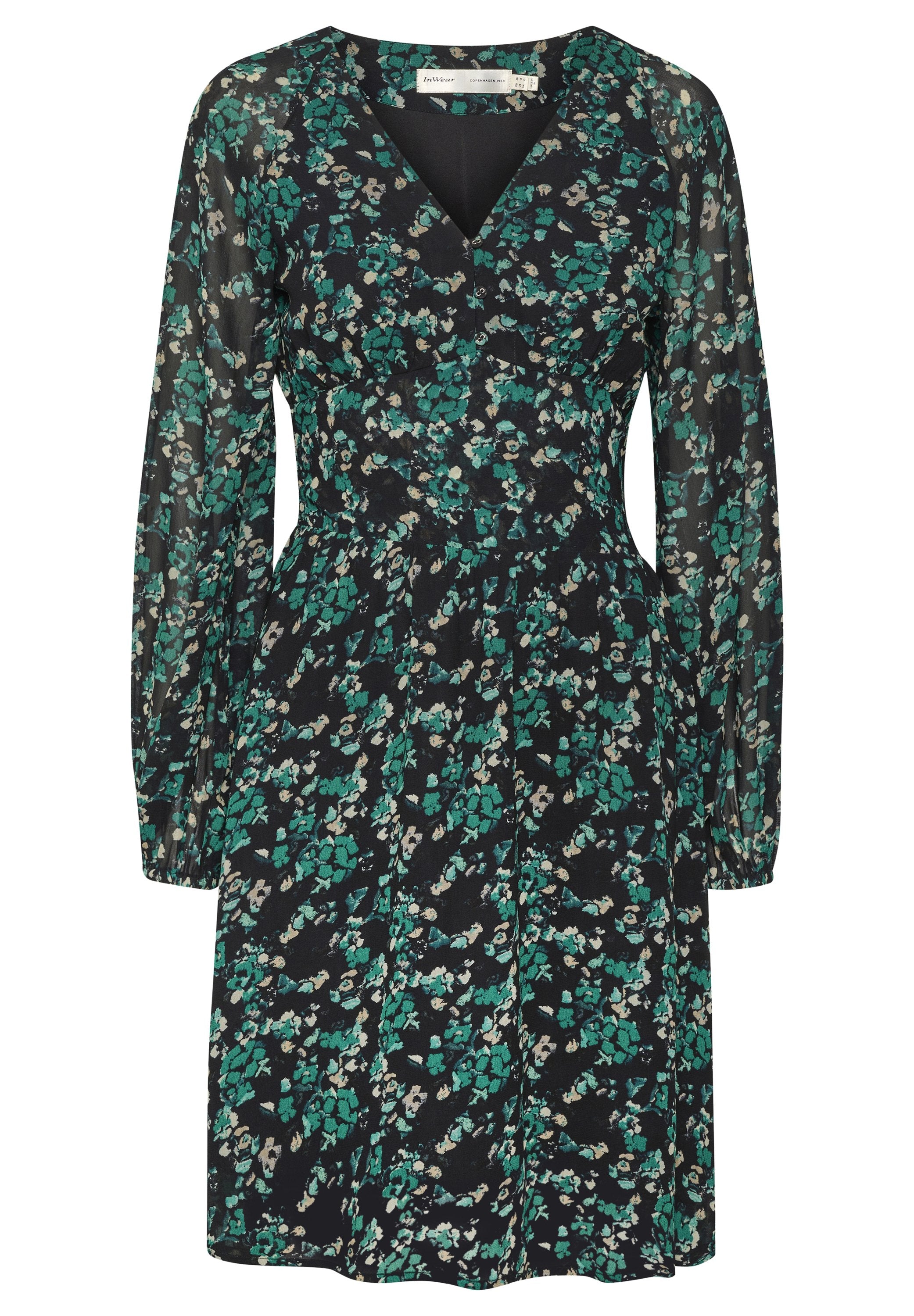 Schwarz Kleid mit türkisem und beigem Blumenmuster, langen Ärmeln, V-Ausschnitt, Knopfdetail an der Brust, gerafftem Taillenbereich und A-Linien-Rock.