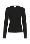Schwarzer Rippstrickpullover mit langen Ärmeln, Rundhalsausschnitt und vertikalen Streifen, die kleine Ösen-Details im gesamten Stoff aufweisen.