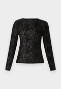 Schwarzes langärmeliges T-Shirt aus glattem Stoff mit einem strukturierten Blumenmuster aus Rosen. Klassischer Rundhalsausschnitt, figurbetonte Passform.
