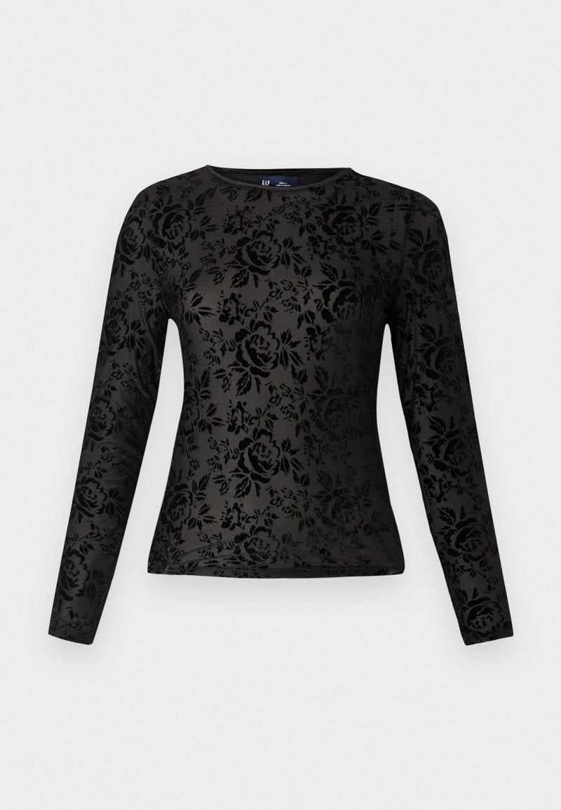 Schwarzes langärmeliges T-Shirt aus glattem Stoff mit einem strukturierten Blumenmuster aus Rosen. Klassischer Rundhalsausschnitt, figurbetonte Passform.