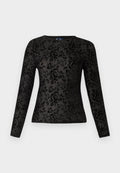 Schwarzes langärmeliges T-Shirt aus glattem Stoff mit einem strukturierten Blumenmuster aus Rosen. Klassischer Rundhalsausschnitt, figurbetonte Passform.