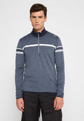 Langarm-Pullover aus blauer Heather-Optik mit hohem Kragen, halbseitigem Reißverschluss und weißen Streifenakzenten an den Ärmeln.