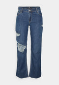 Blaue Jeans aus Denim im lässigen Schnitt mit ausgebesserten Knieflicken und abgesteppten Details. Mit Knopf- und Reißverschluss.