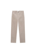 Beige Kordhosen mit geradem Bein, Fronttaschen und Knopfverschluss. Texturiertes Material mit sichtbar gerippter Struktur.