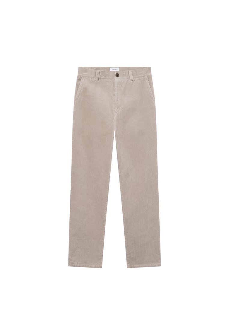 Beige Kordhosen mit geradem Bein, Fronttaschen und Knopfverschluss. Texturiertes Material mit sichtbar gerippter Struktur.