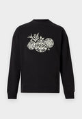 Schwarzer Langarm-Sweatshirt mit weißem floralen Muster und fettem "HUGO"-Schriftzug in der Mitte vorne.