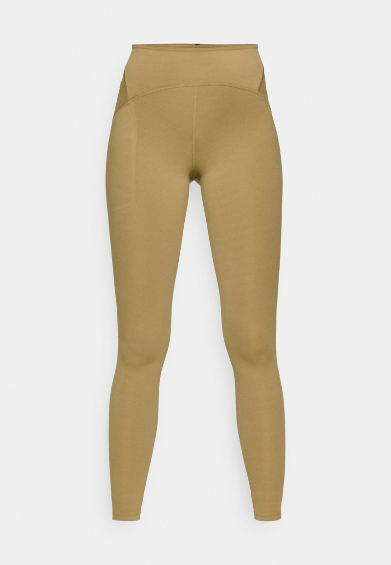 Hochtaillierte Leggings in einem hellbraunen Farbton, aus dehnbarem Stoff mit glatter Textur und nahtlosem Design. Keine sichtbaren Muster oder Beschläge.