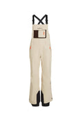 Beige Schneehose mit verstellbaren schwarzen Trägern, ausgestattet mit einer großen braunen Brusttasche, seitlichen Reißverschlusstaschen und schwarzen Akzenten im unteren Bereich.