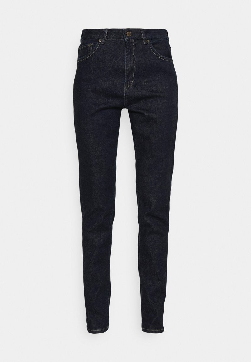 Dunkelblaue Denim-Jeans im Slim-Fit-Stil, mit fünf Taschen-Design und Metallknopfverschluss. Merkmale klassische Nähte und gerade Beinform.