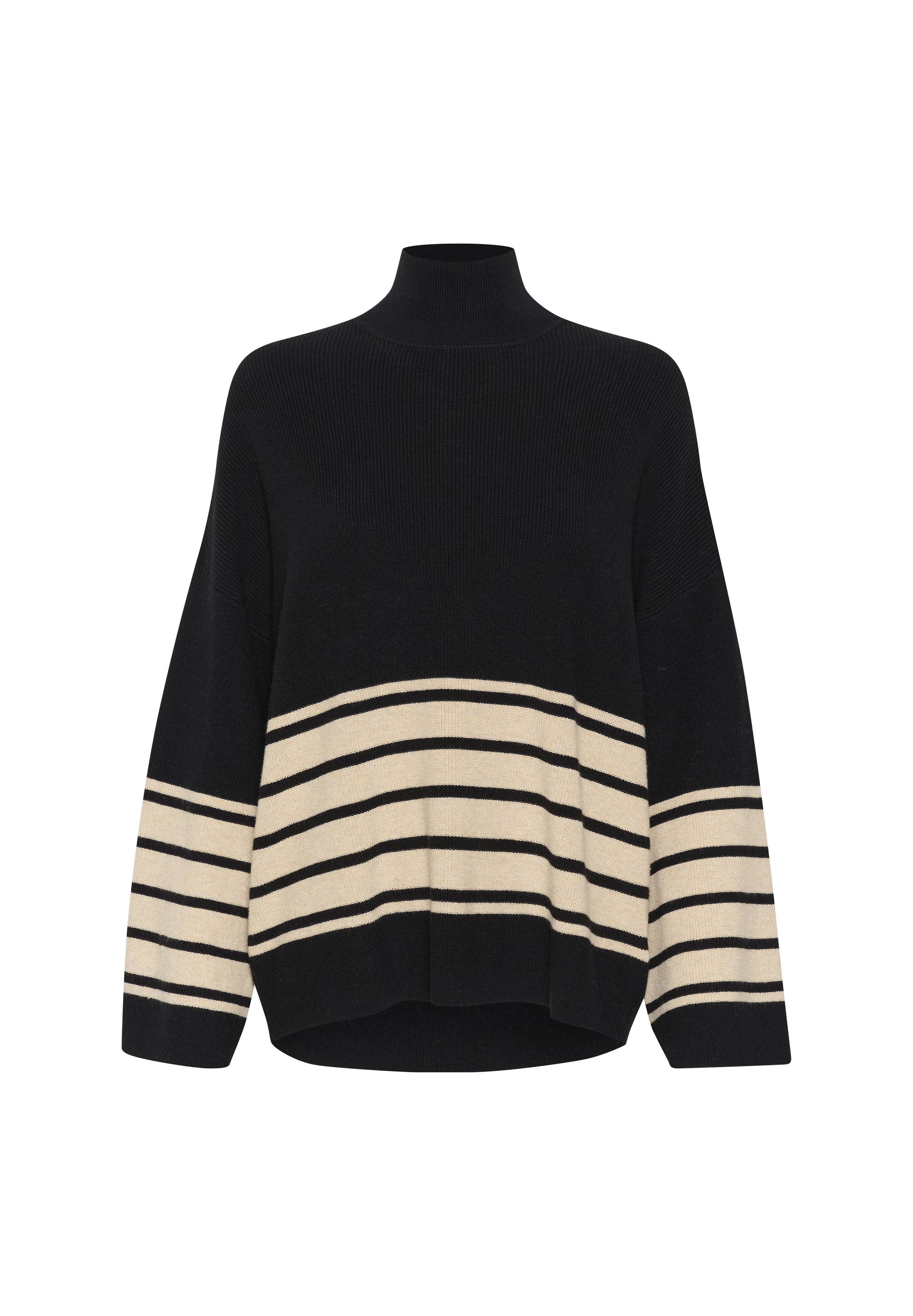 Schwarzer Strickpullover mit hohem Kragen, der breite beige und schwarze horizontale Streifen über den Körper aufweist. Lockere Passform mit gerippter Textur.