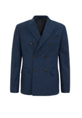 Dunkelblazer mit doppelter Knopfleiste aus strukturiertem Stoff, mit braunen Knöpfen, zwei vorderen Taschen und einem kontrastierenden Einstecktuch.