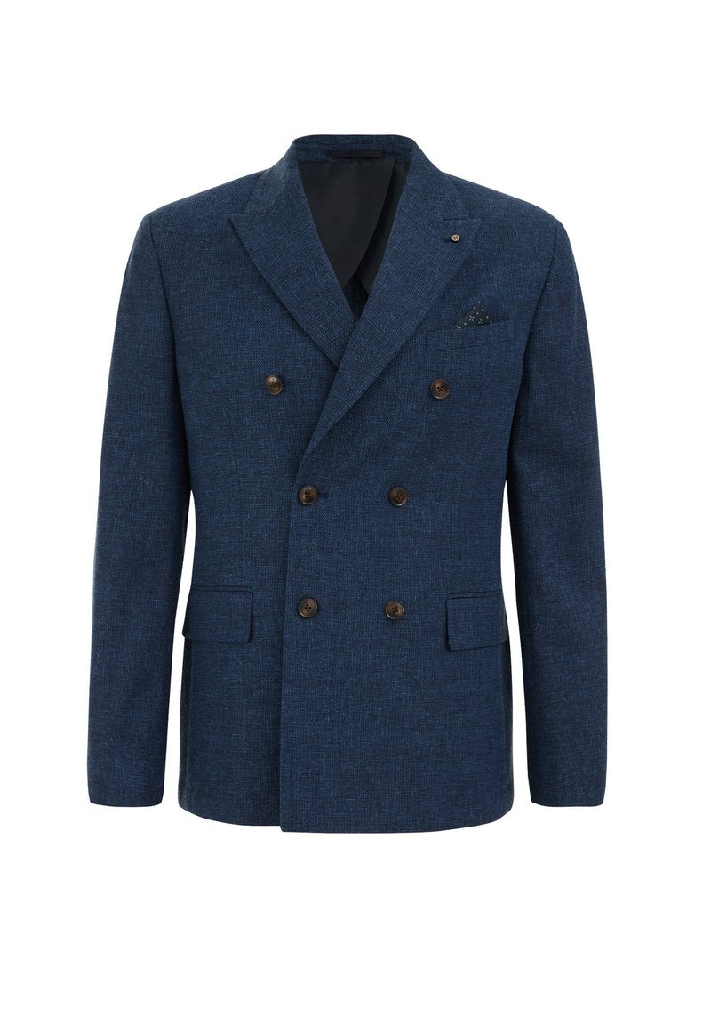 Dunkelblazer mit doppelter Knopfleiste aus strukturiertem Stoff, mit braunen Knöpfen, zwei vorderen Taschen und einem kontrastierenden Einstecktuch.