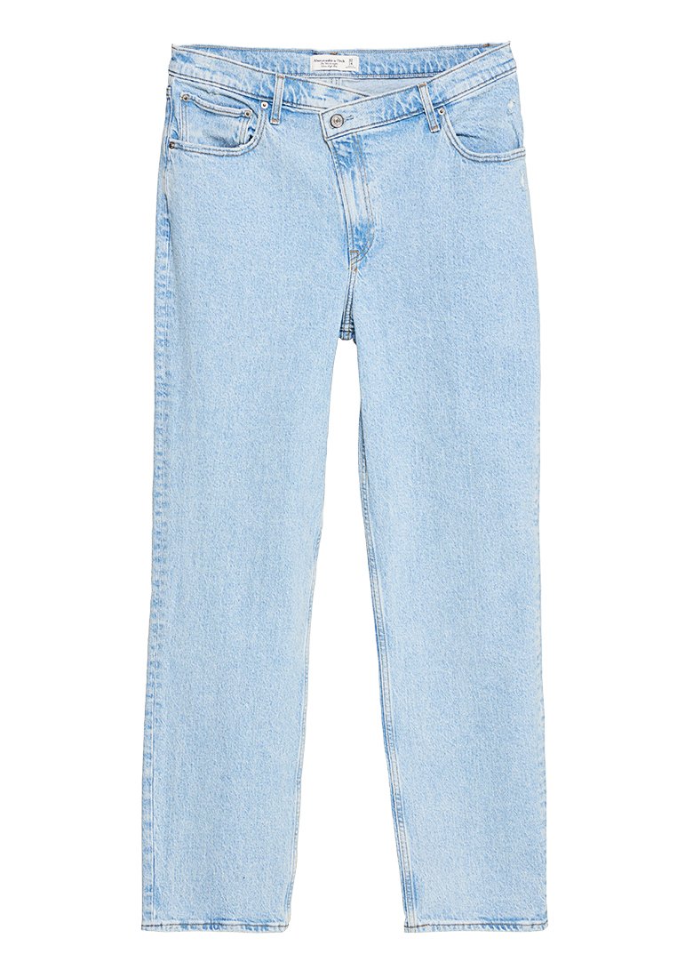 Hellblaue Denim-Jeans mit geradem Bein, fünf Taschen und Knopfverschluss. Glatte Textur mit dezenten Steppdetails.