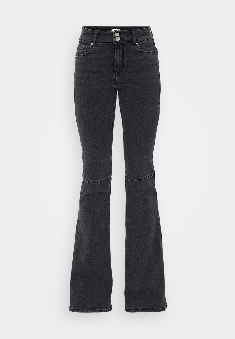 Schwarze, hoch taillierte Jeans aus Denim mit ausgestellten Beinen, Doppelknopfverschluss sowie Vorder- und Hintertaschen auf einem weißen Hintergrund.