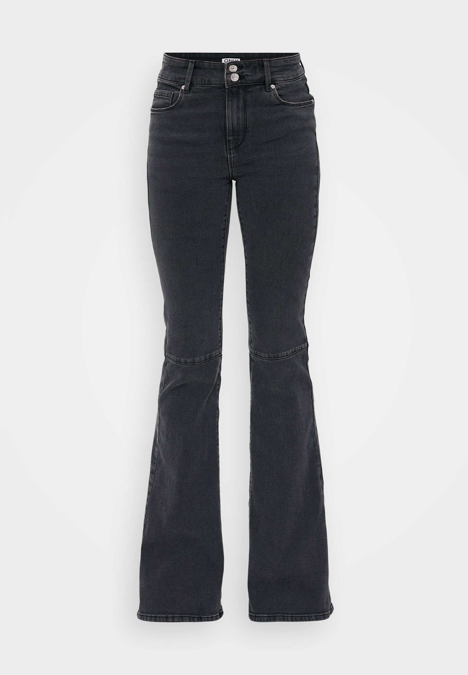 Schwarze, hoch taillierte Jeans aus Denim mit ausgestellten Beinen, Doppelknopfverschluss sowie Vorder- und Hintertaschen auf einem weißen Hintergrund.