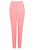 Rosa Sweatpants mit elastischem Bund, eng zulaufenden Beinen und seitlichem Logo-Detail in Lila. Weicher Stoff mit glatter Textur.