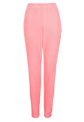 Rosa Sweatpants mit elastischem Bund, eng zulaufenden Beinen und seitlichem Logo-Detail in Lila. Weicher Stoff mit glatter Textur.