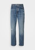 Hellblaue Denim-Jeans im Straight-Leg-Design, mit einem Knopf- und Reißverschluss, fünf Taschen und leicht abgetragenen Details im Kniebereich.