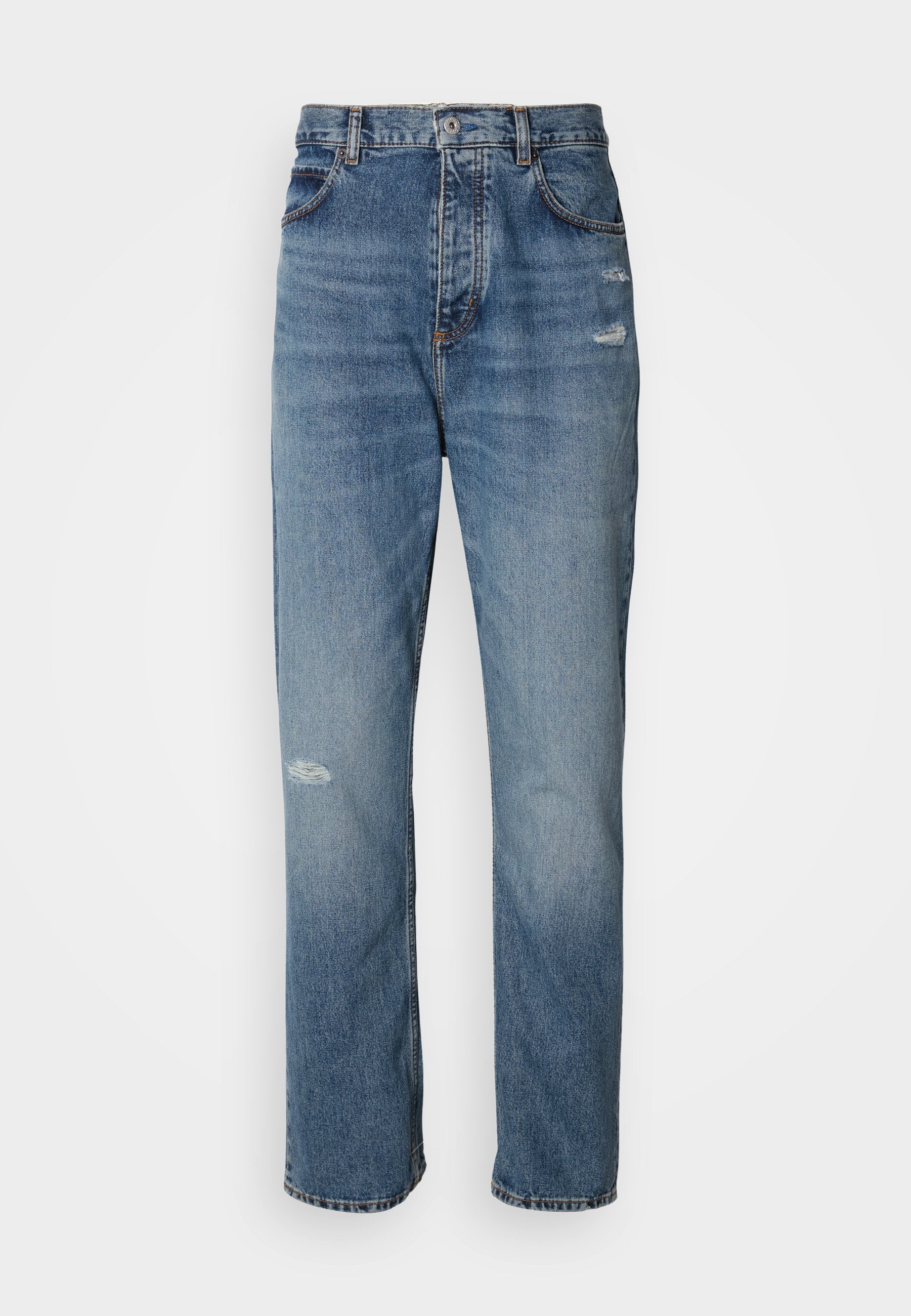 Hellblaue Denim-Jeans im Straight-Leg-Design, mit einem Knopf- und Reißverschluss, fünf Taschen und leicht abgetragenen Details im Kniebereich.