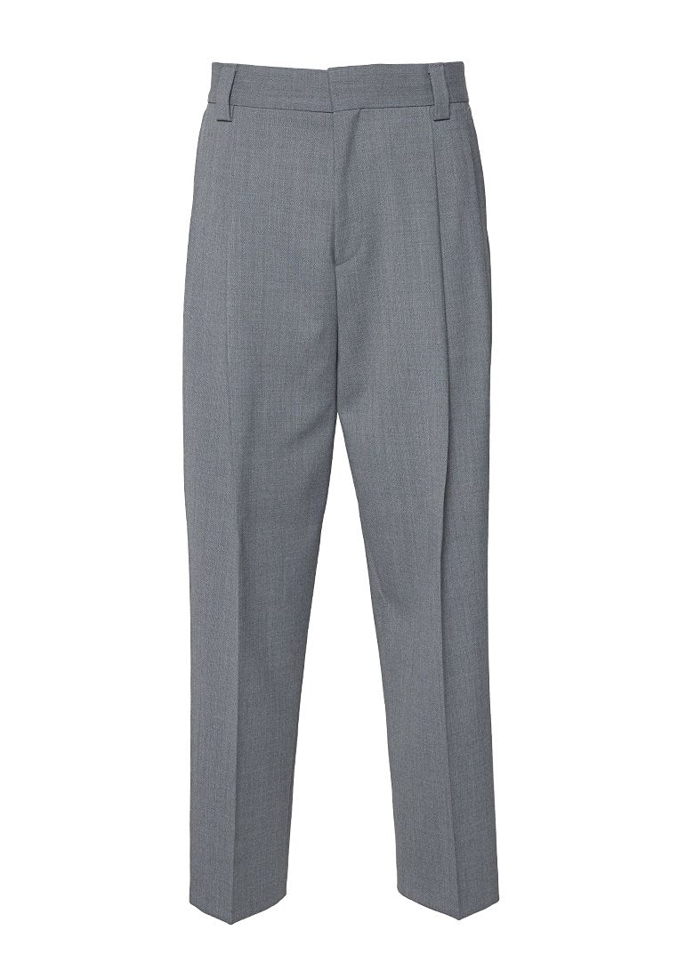 Graue, maßgeschneiderte Hose mit geradem Schnitt, glatter Textur, Falten vorne und Gürtelschlaufen. Hergestellt aus einem leichten Stoff.