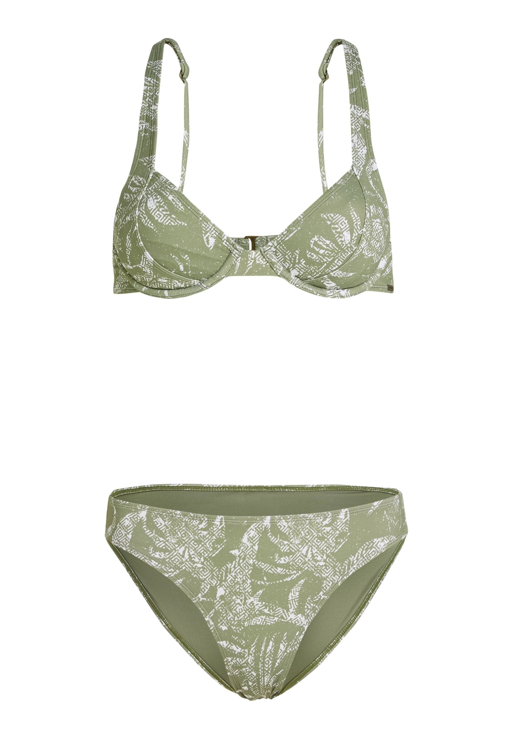 Grünes Bikini-Set mit einem gemusterten Bralette mit verstellbaren Trägern und einem passenden, niedrighüftigen Höschen. Hergestellt aus einem glatten Stoff.