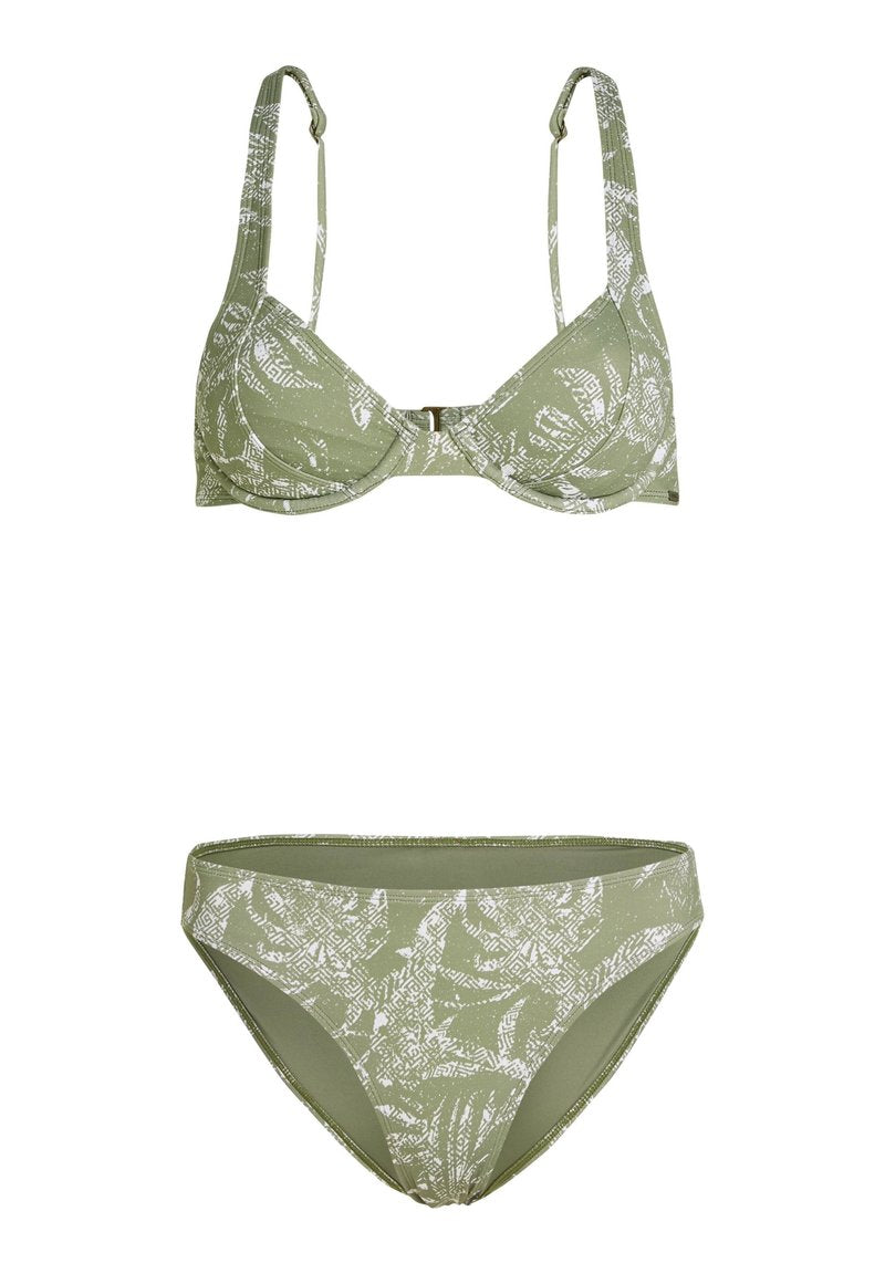Grünes Bikini-Set mit einem gemusterten Bralette mit verstellbaren Trägern und einem passenden, niedrighüftigen Höschen. Hergestellt aus einem glatten Stoff.