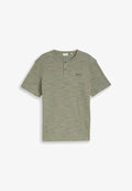 TOM TAILOR HENLEY IN MELANGE OPTIK - Print T-shirt - olive grey waffle inject