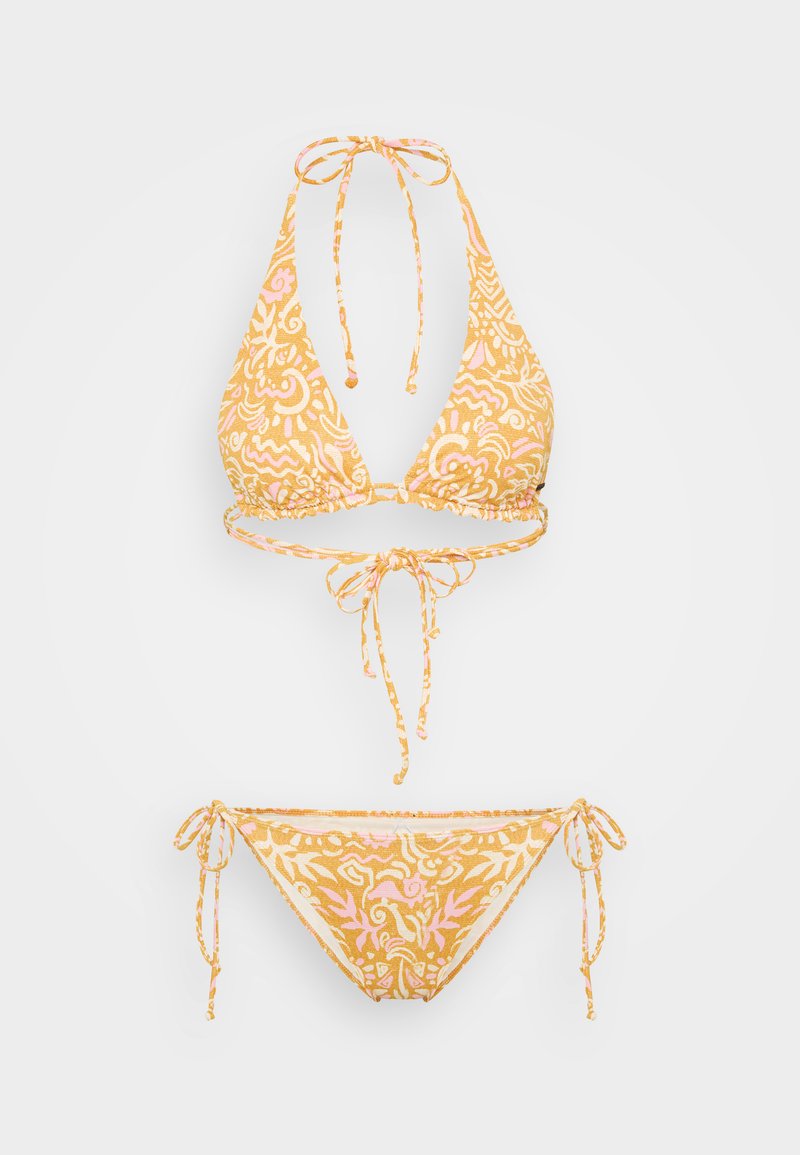 Gelbes Bikini-Oberteil mit dreieckiger Form und verstellbaren Bändern, in einem wirbelnden Pink- und Weißmuster. Strukturierter Stoff.