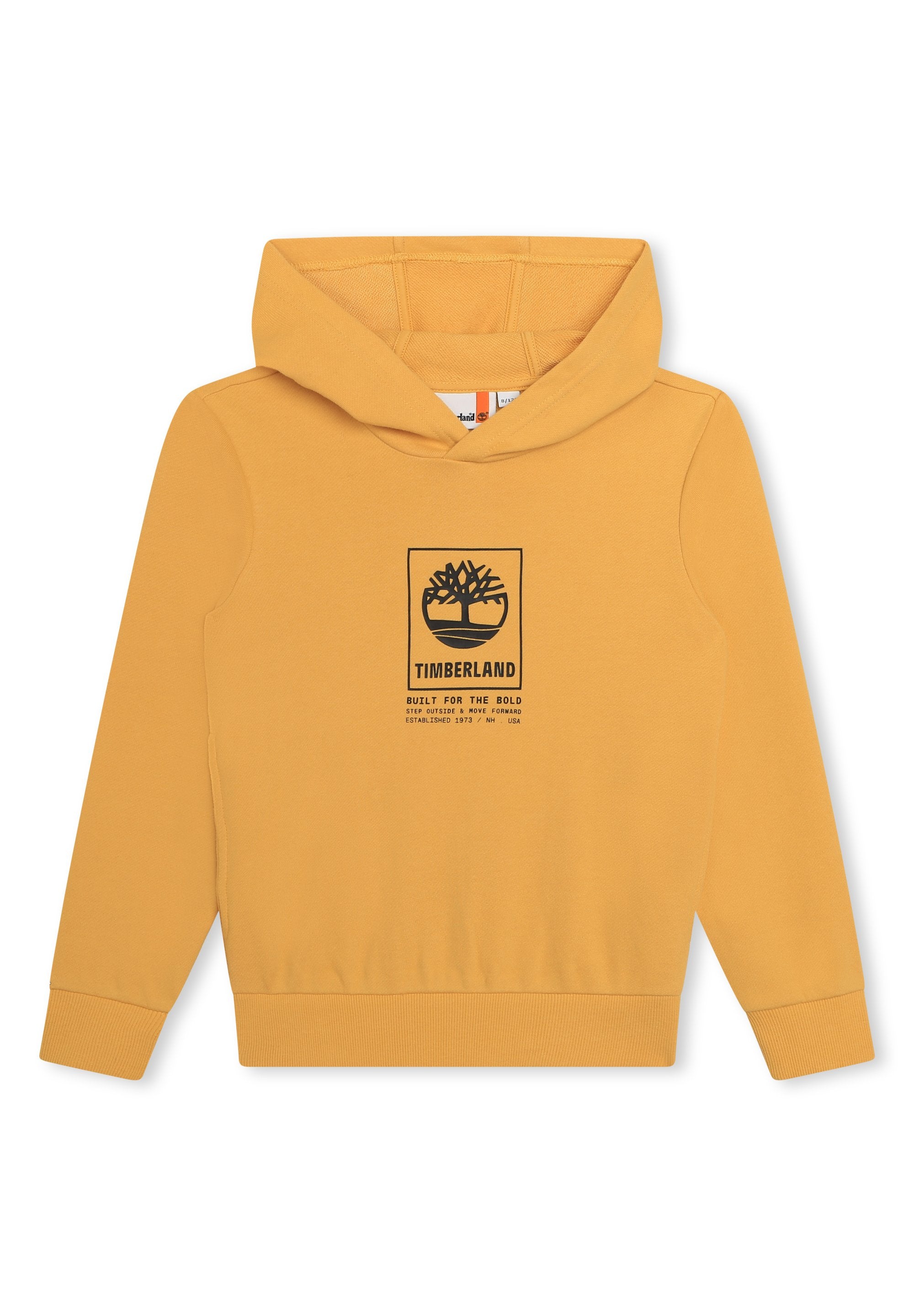 Gelber Kapuzenpullover aus weichem Stoff, mit einem schwarzen Grafiklogo in der Mitte, gerippten Bündchen und einer Kängurutasche.